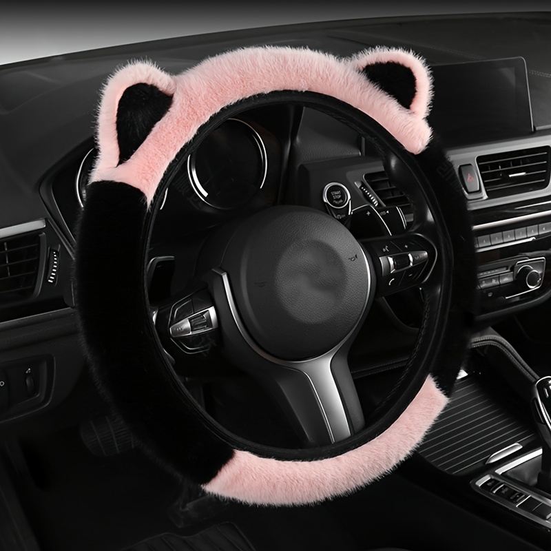 

1pc Winter Goddess Flannel Steering Wheel Cover With Cute Cat Ears, Warm Plush Hand Grip, No - Car Accessory