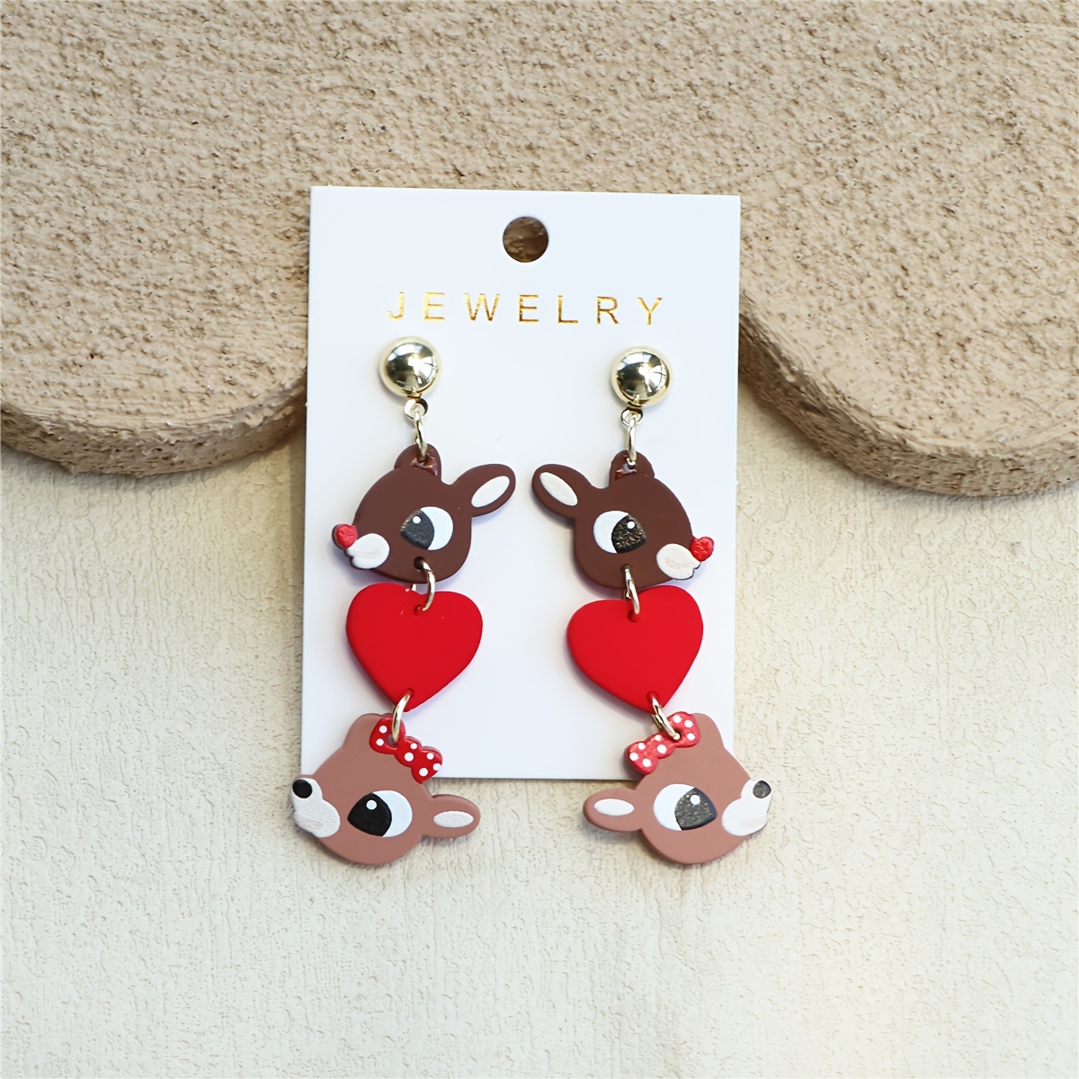 TEMU 1 Pair Women's Christmas Christmas Heart Deer Print Pottery Texture Cute Temperament Elegant Holiday Party Acrylic Earrings