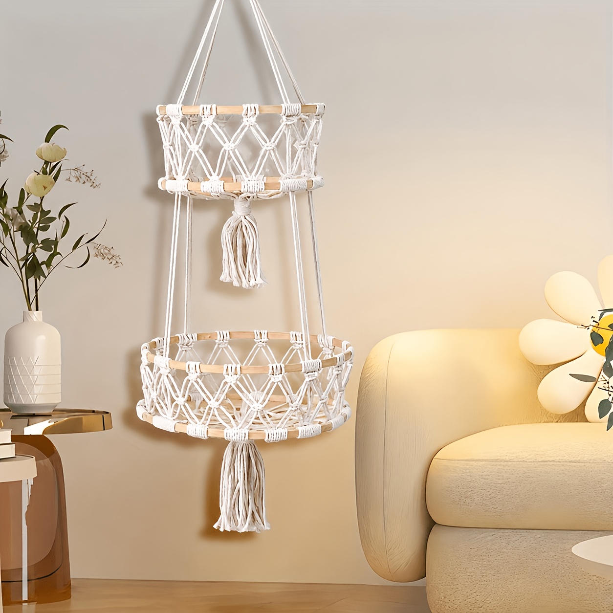 TEMU Bohemian Rope Hanging Basket With Macrame Fringe - Storage For Plants, Or Decor, Perfect For Home, Garden, And Balcony Decor, Shelf Baskets,