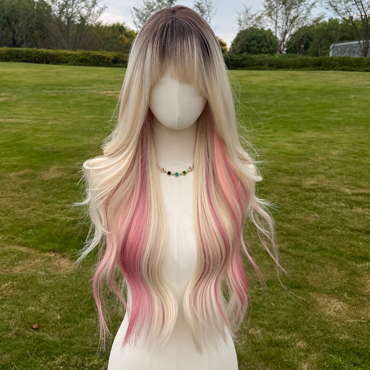 TEMU Women's Platinum Blonde To Pink Gradient Synthetic Wig With Bangs & Curly Ends - High-density Volume, For , & Look | Long Loose Body Wave Hair For Cosplay, Parties, Weddings | Heat-resistant