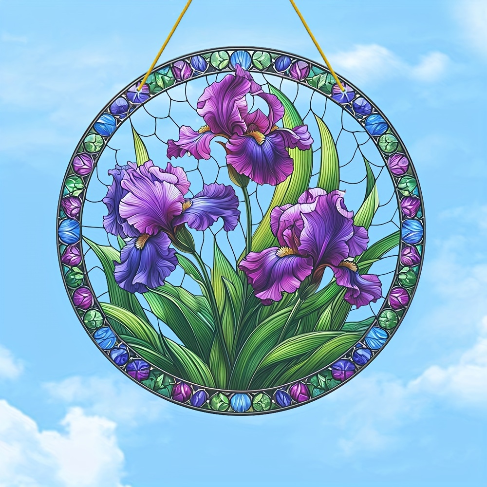 

Charming Purple Iris Sun Catcher - 8"x8" Acrylic Window Hanging, Perfect Housewarming Gift For Garden & Flower Enthusiasts, Ideal For Patio, Balcony, And Backyard Decor