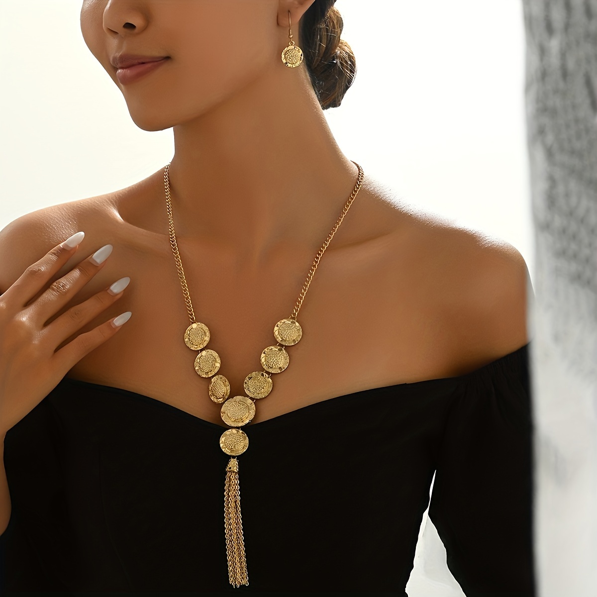 Vintage Hammered Geometric Y Necklace and Earrings Set