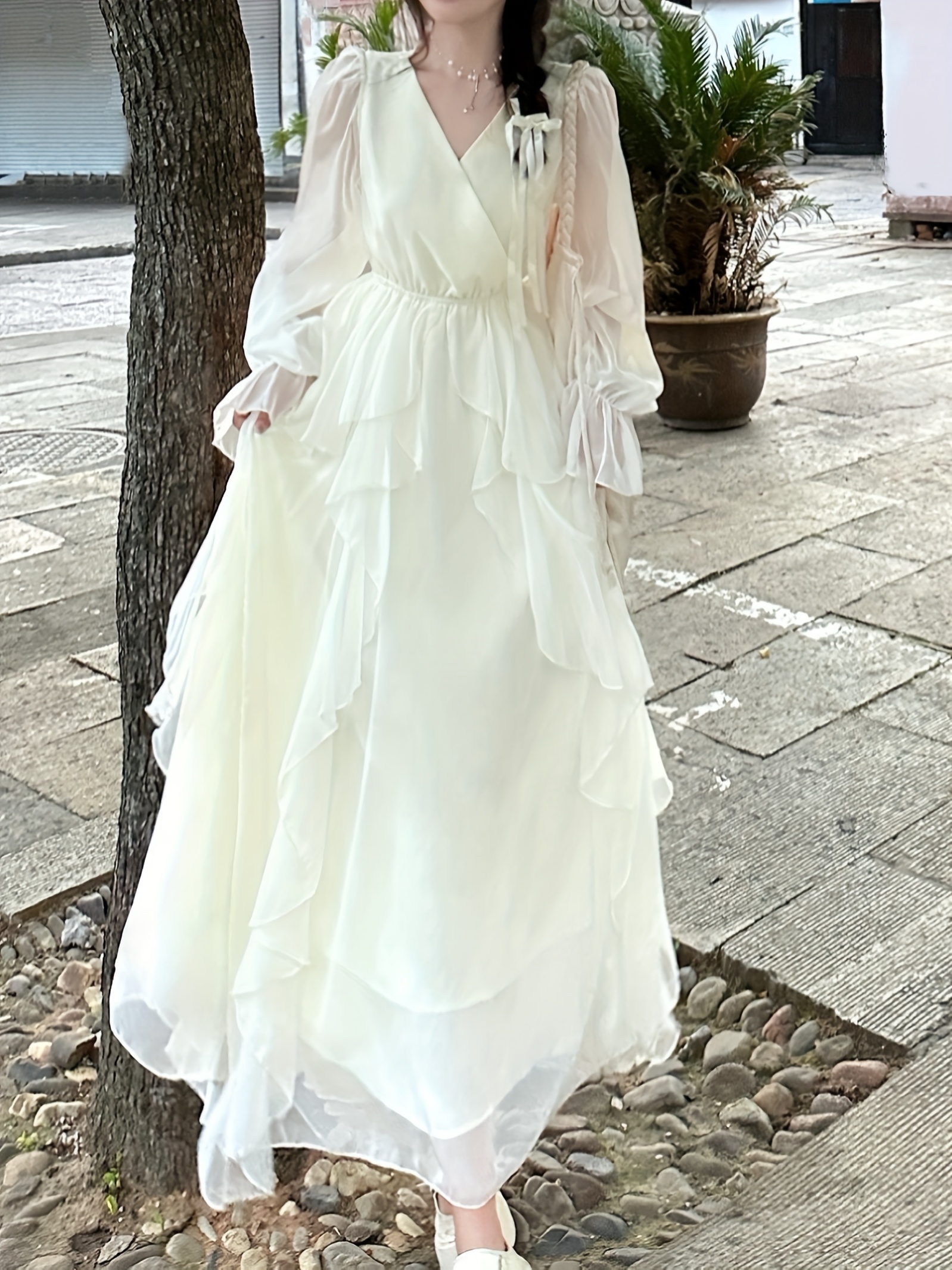 elegant white long sleeve midi dress v neck hem Temu Oman