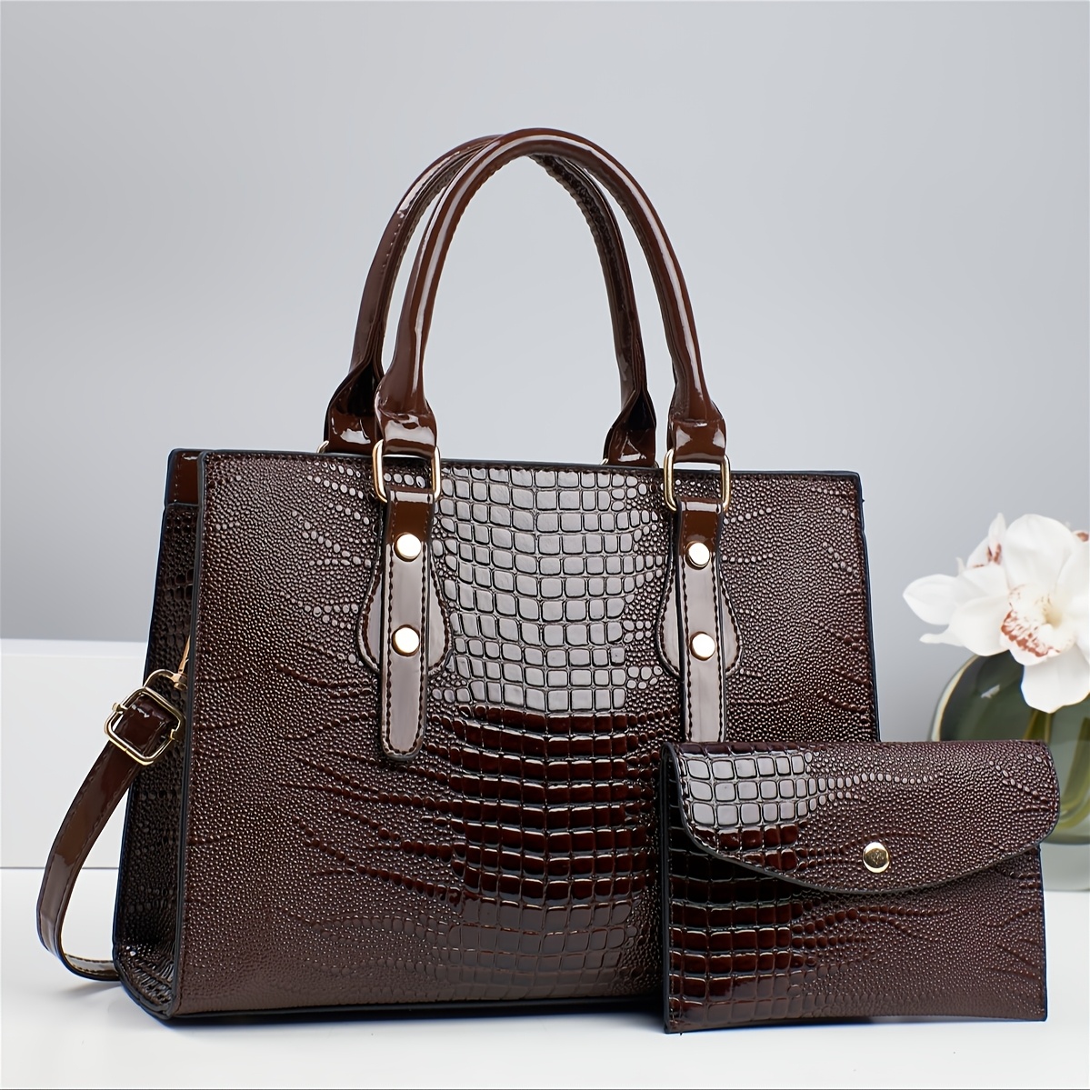 

Valentine's Day Women's Tote Bag Fashionable High-quality Patent Leather Bag Crocodile Pattern Single Shoulder Letter Crossbody Bag Large Capacity Bag Multi-set