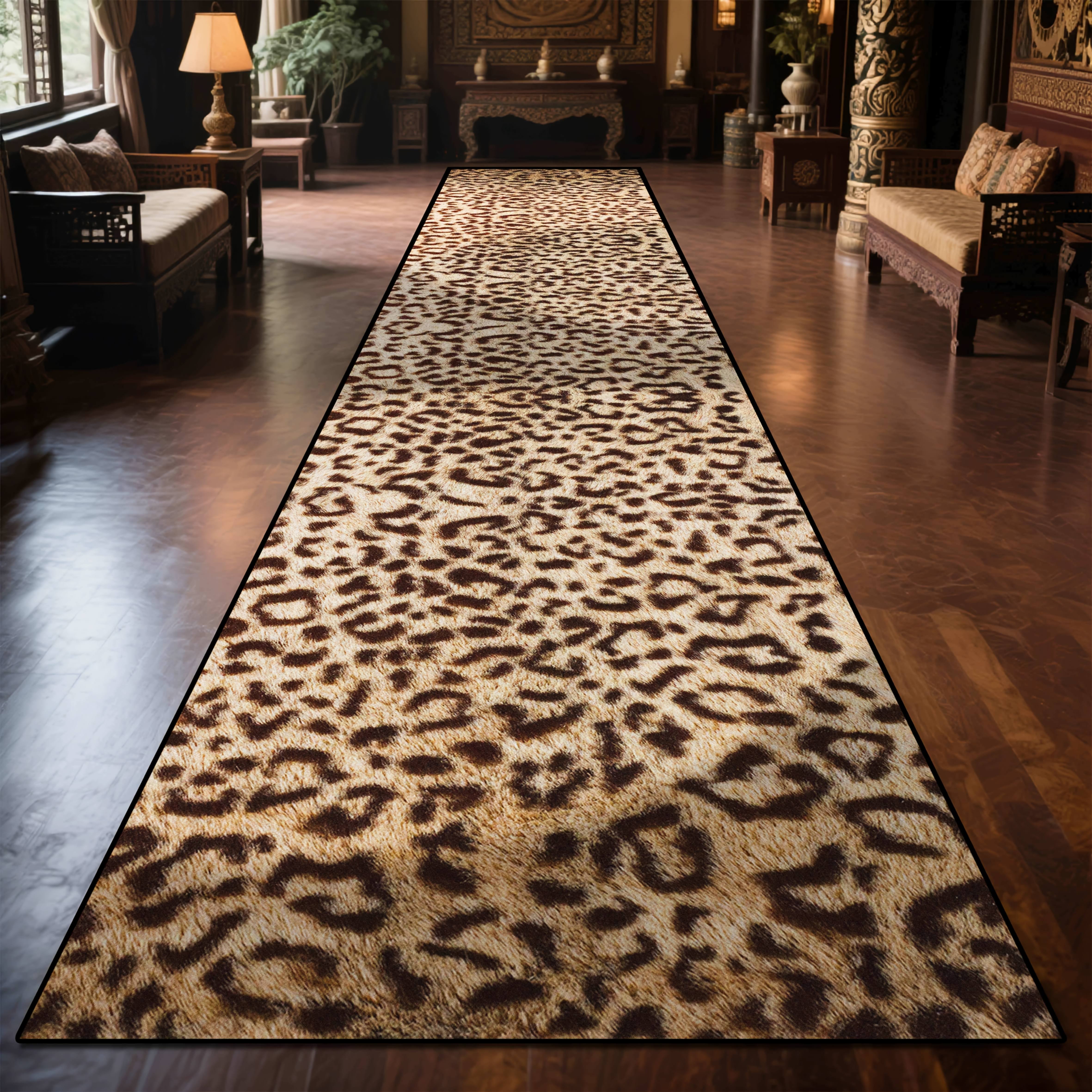 TEMU Expédition [Velours Strass Doré] 1pc, Tapis Rectangulaire Longue de Hôtel Imprimé Léopard Chinois, Design Créatif Antidérapant pour Couloir,