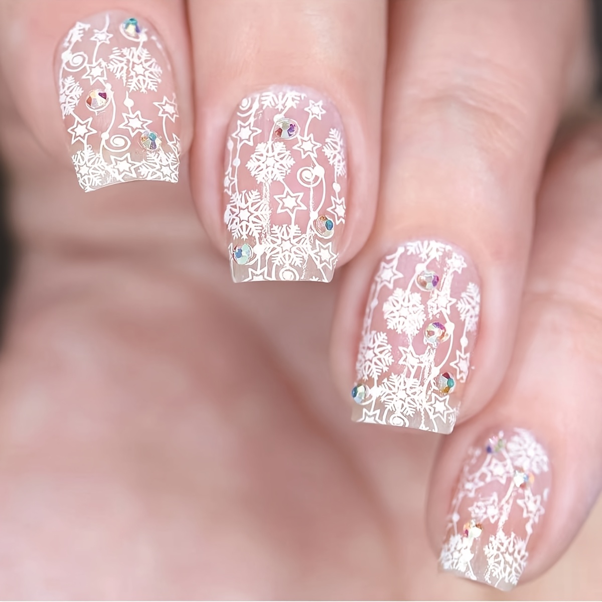 TELAIN 24er Set Weihnachts-Press-on-Nägel – Kurze Quadratische Kunstnägel Mit Schneeflocken-Design, Rosa Glitzer
