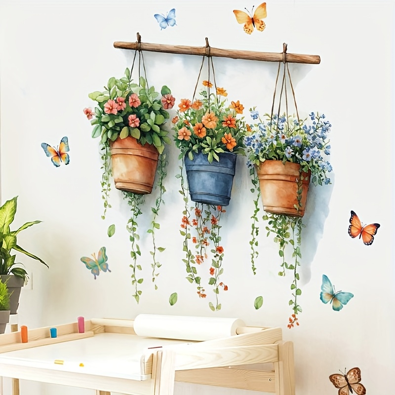 Classic Realistic Potted Colorful Flowers and Butterflies Wall Sticker, Self-Adhesive Decal for Living Room, Bedroom, Study, Kitchen, Dining Room, Removable PVC Mural