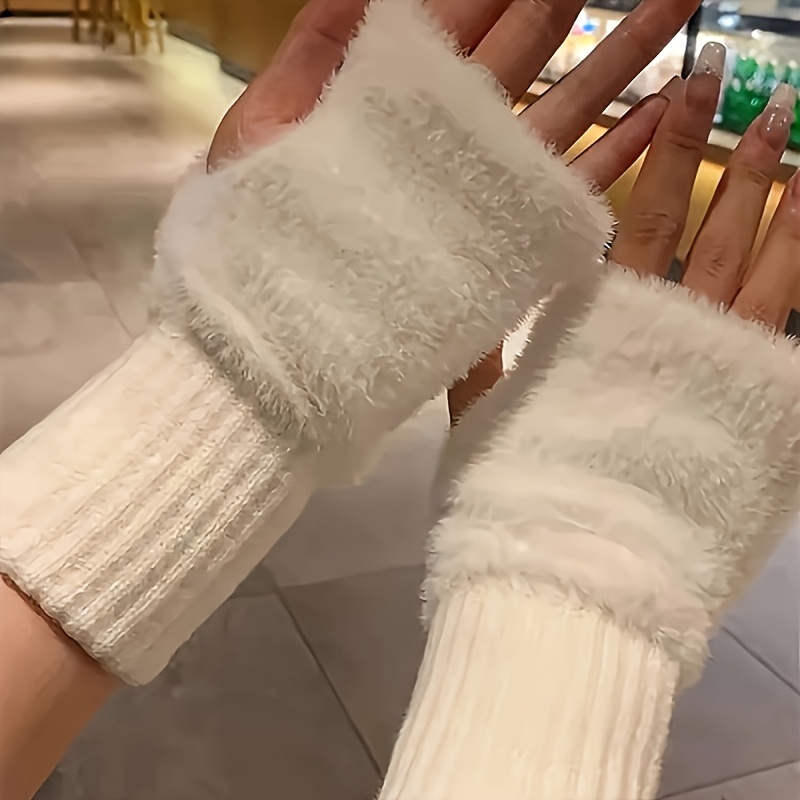 Soft & Warm Fingerless Gloves - Stylish Elegant Plush Splicing Knit Gloves for Autumn Winter with Coldproof Elastic Wrist Cover details 5