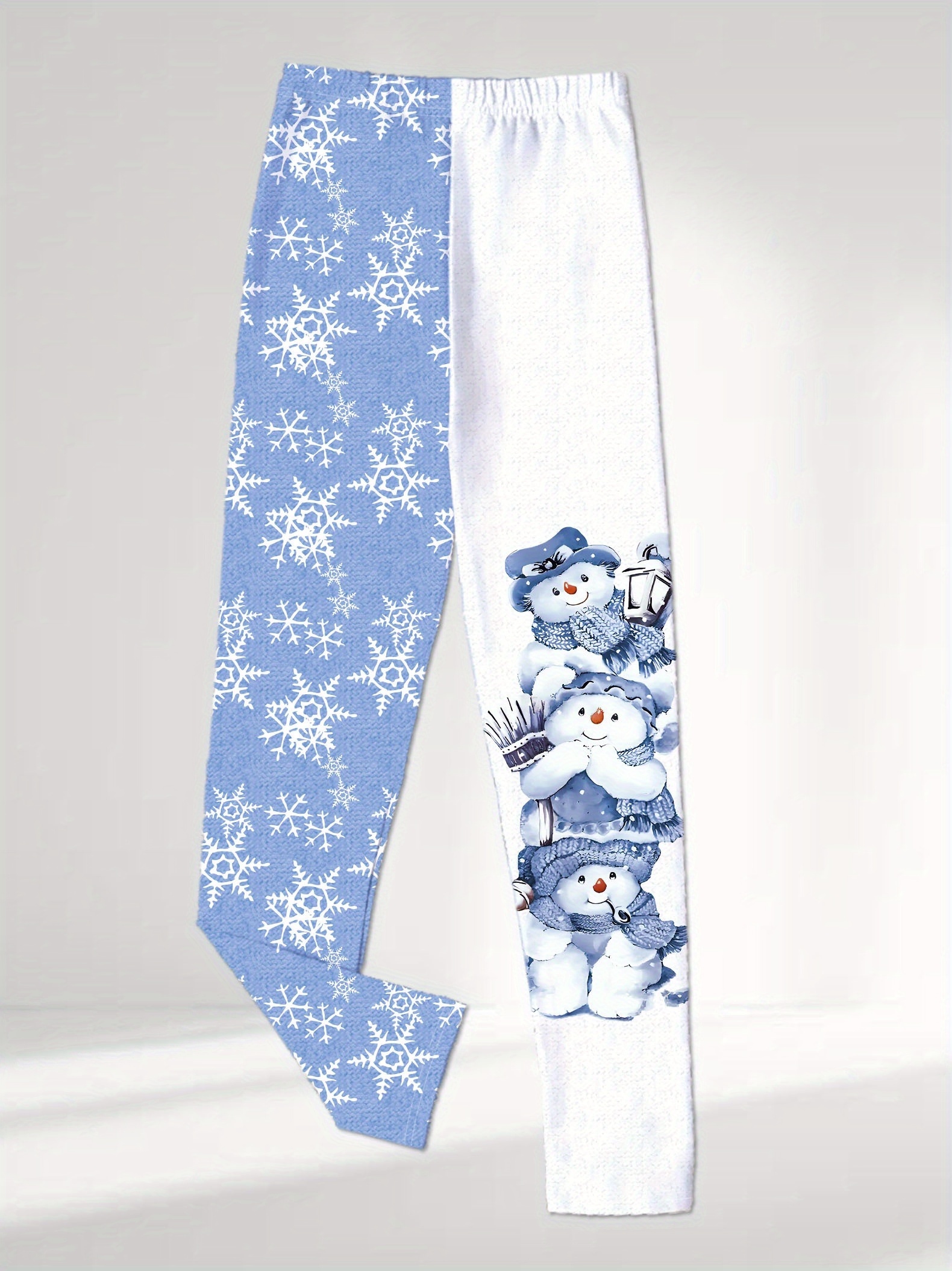 Meisjes Kerst Sneeuwvlok & Sneeuwpop Leggings - Blauwe Winterthema Strakke Broek met Witte Sneeuwpop Print, Geschikt voor Alle Seizoenen voor Feestjes & Spelen - Wasmachinebestendige Tights