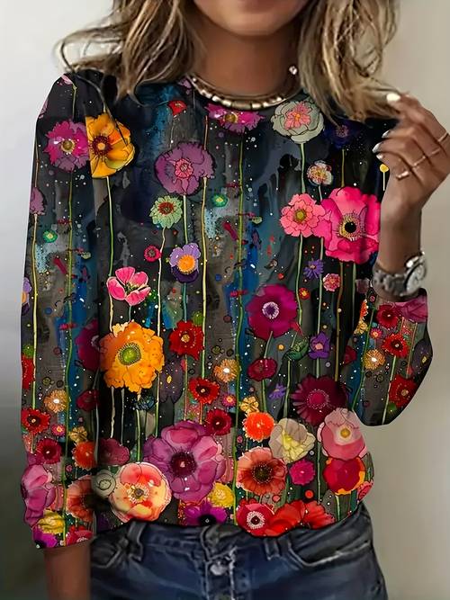 spring autumn womens vintage floral print long sleeve casual round neck t shirt
