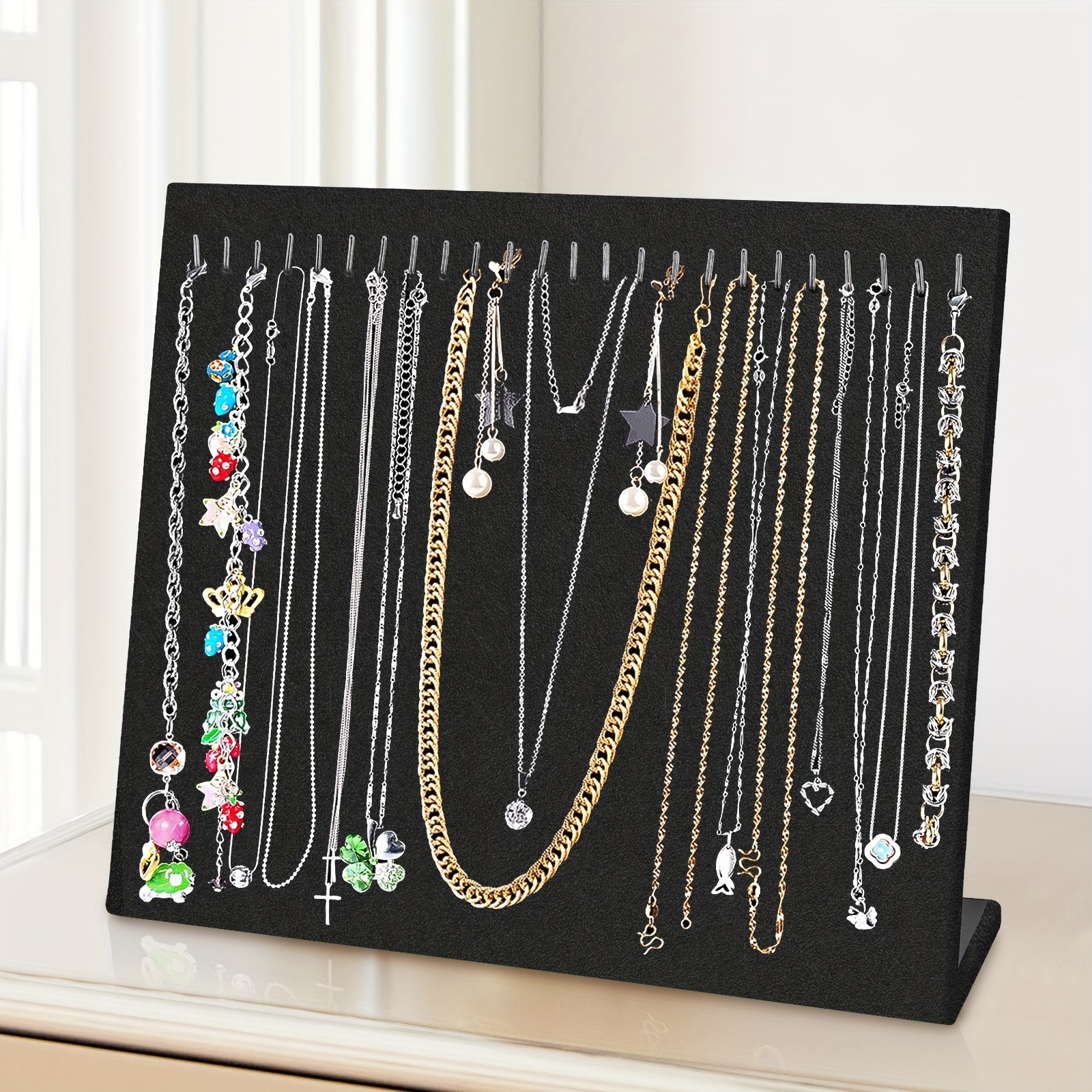 TEMU 24-hook Velvet Jewelry Organizer Rack, Necklace Display Stand With Sturdy Base, Space-saving Design For Clutter-free Storage, Ideal For Home And