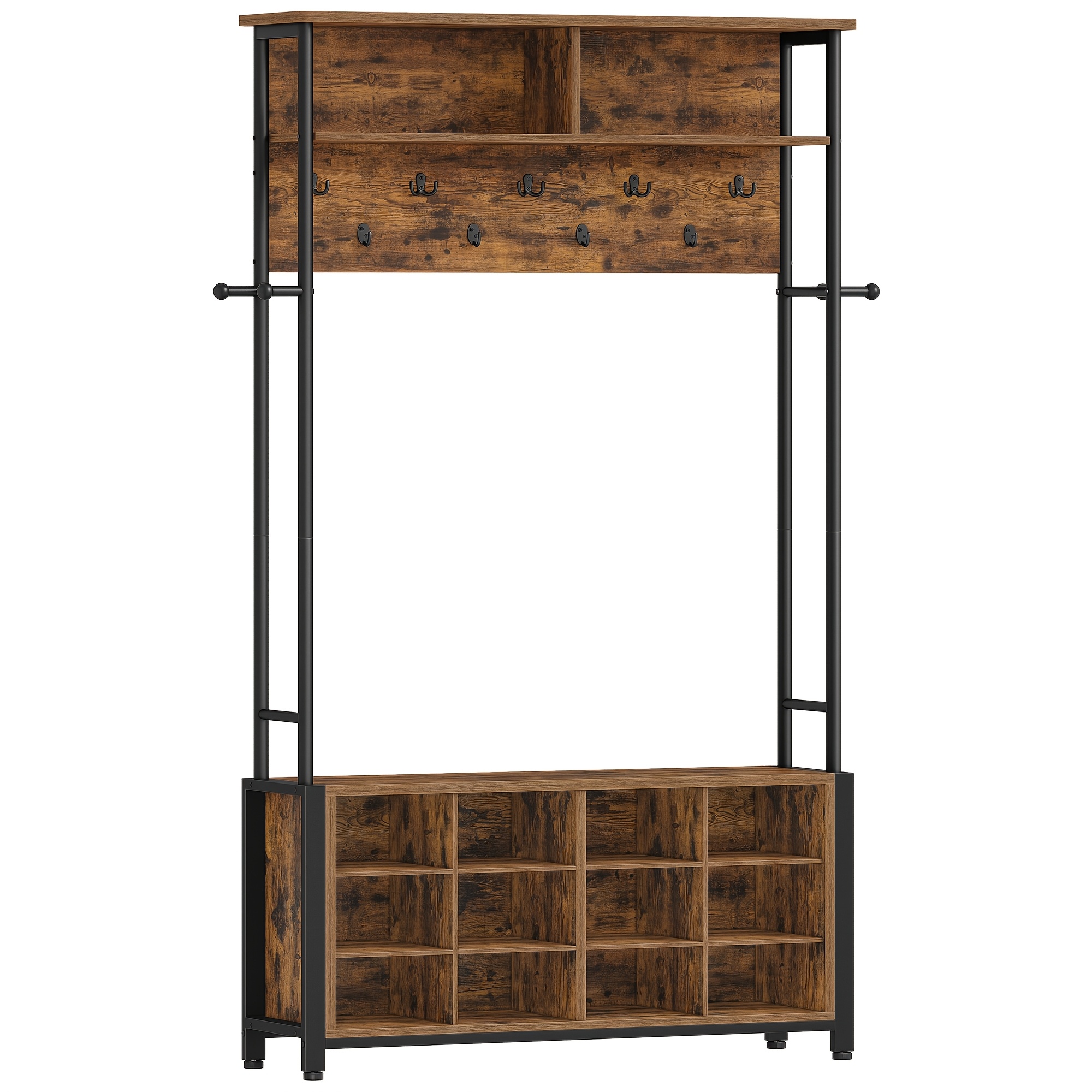 Wardrobe Rack With Shoe Bench, Coat Rack With 13 Hooks, 14 Open Compartments, Adjustable Shelves, Clothes Rack For Hallway, Entryway, 108 X 31 X 187 Cm