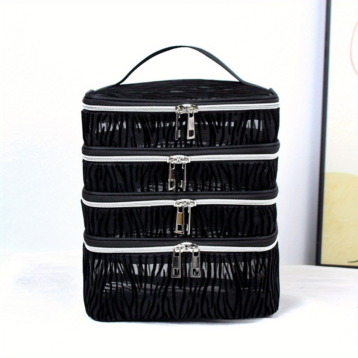 TEMU Simple And Stylish Mesh Design, Featuring A Sleek Black Color Scheme. This Large-capacity, Multi-functional Four-layer Makeup Bag With A