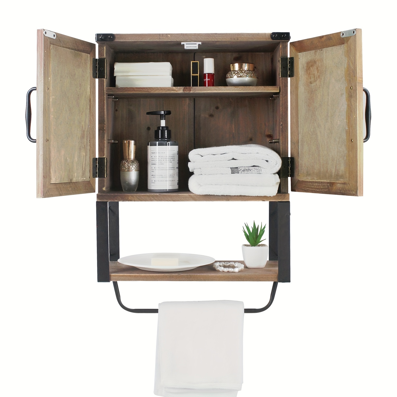 Gabinete de baño de madera rústica en la pared, puertas dobles de madera  con estante para toallas, estilo americano, organiza
