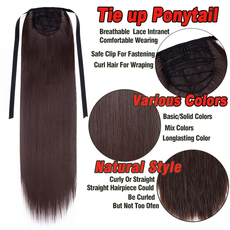 long soft tie up ponytail straight hair piece clip in hair extensions 22inch 55cm wrap around binding pony tail hairpiece drawstring pony tails for women party festival christmas halloween daily use details 3