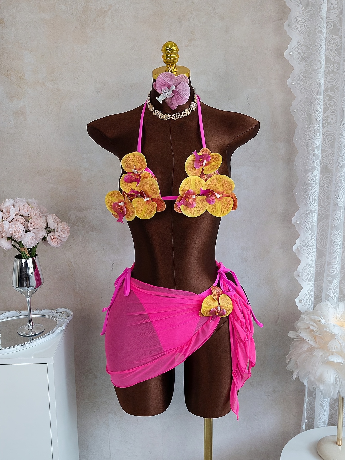 [3pcs Bikini Set] New Women's Fashion 3pcs Bikini Set - Three-Dimensional Orchid Solid Color Halter Bikini Top, Tie-Side Briefs, Ruffled Mesh Mini Skirt Beach Vacation Swimwear Set