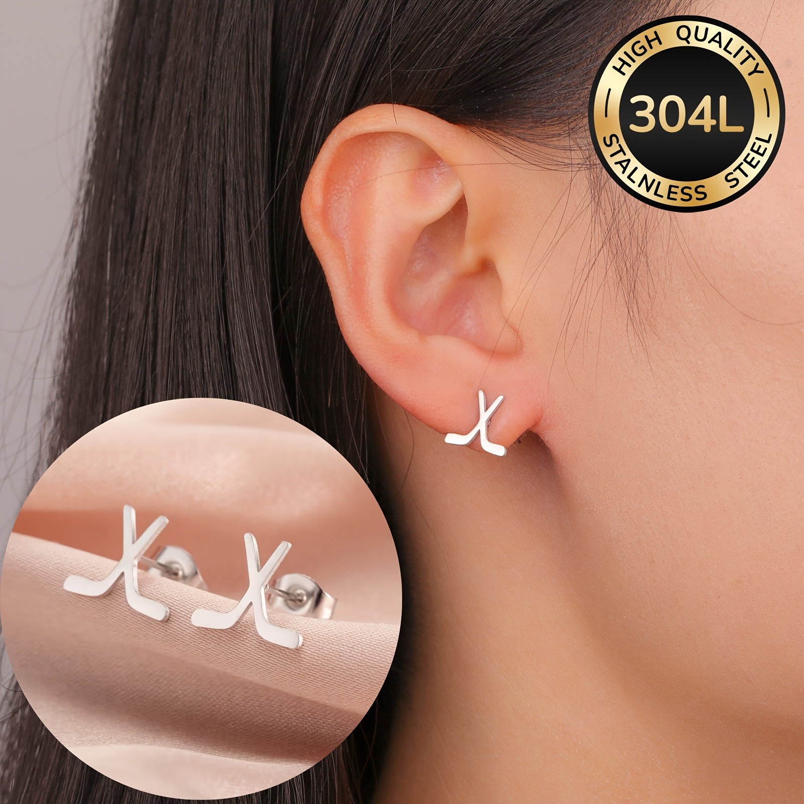 TEMU 2pcs Minimalist Stainless Steel 18k Gold Plated Hockey Stick Stud Earrings - Perfect For Hockey Fans - Suitable For Men And Women, Daily Wear In