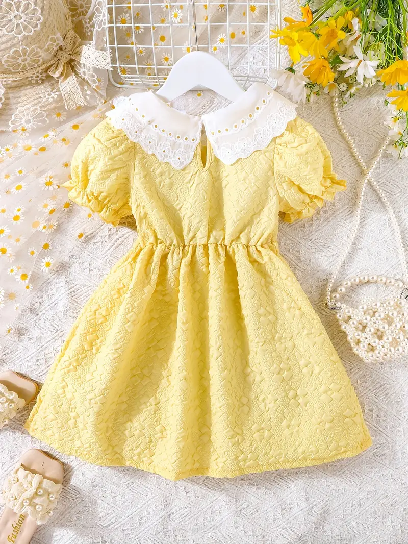 casual short yellow dress Elegant Yellow Lace Button Summer Dress