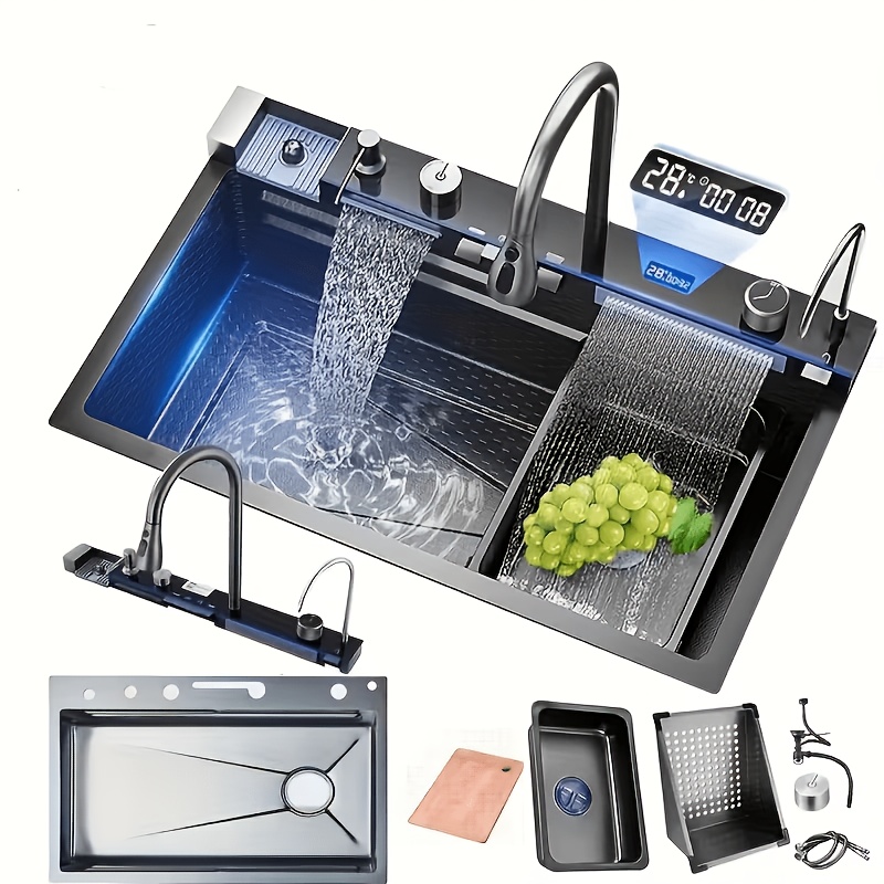 Image of Modern Kitchen Single Bowl Sink 68cm*45cm, Digital Display Waterfall Design, Durable Stainless Steel Material, Pull-out Double-outlet Faucet, Full Set Of Gun Gray Kitchen Accessories