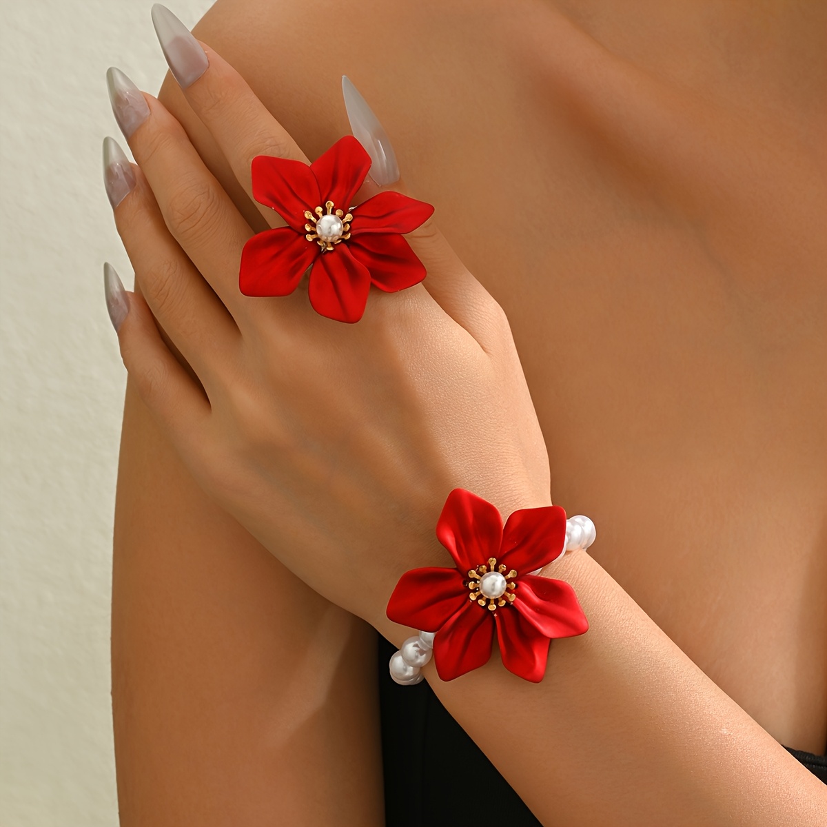 Image of 2pcs Elegant Bracelet And Ring Set For Women, Romantic Court Fashion,, Three-dimensional Red Woven Acrylic Flower , Suitable For Daily Wear, Banquets, Light Luxury, And High-end Gift Jewelry