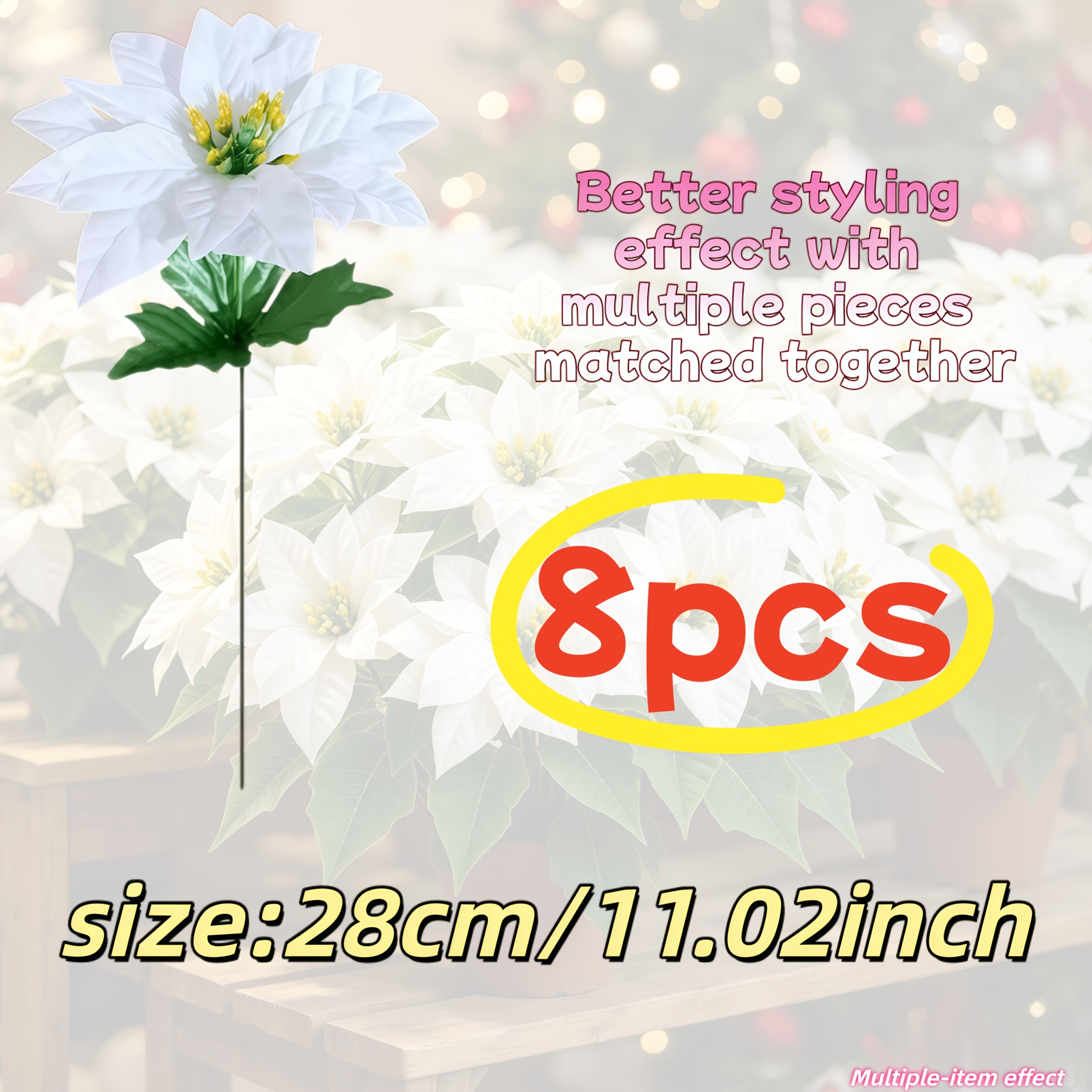 TEMU 8pcs Pack Realistic Artificial White Christmas Flowers With Faux Foliage - Plastic Tabletop Centerpieces Suitable For Door Frame, Coffee Table,