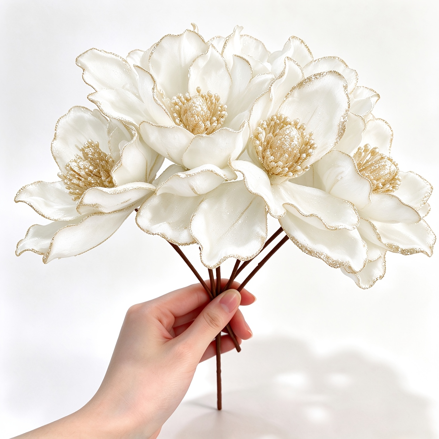TEMU 6pcs Christmas Glitter Flowers Christmas Tree Ornaments Artificial Poinsettia Flower Velvet Magnolia Stems Floral Picks For Xmas Wedding Crafts
