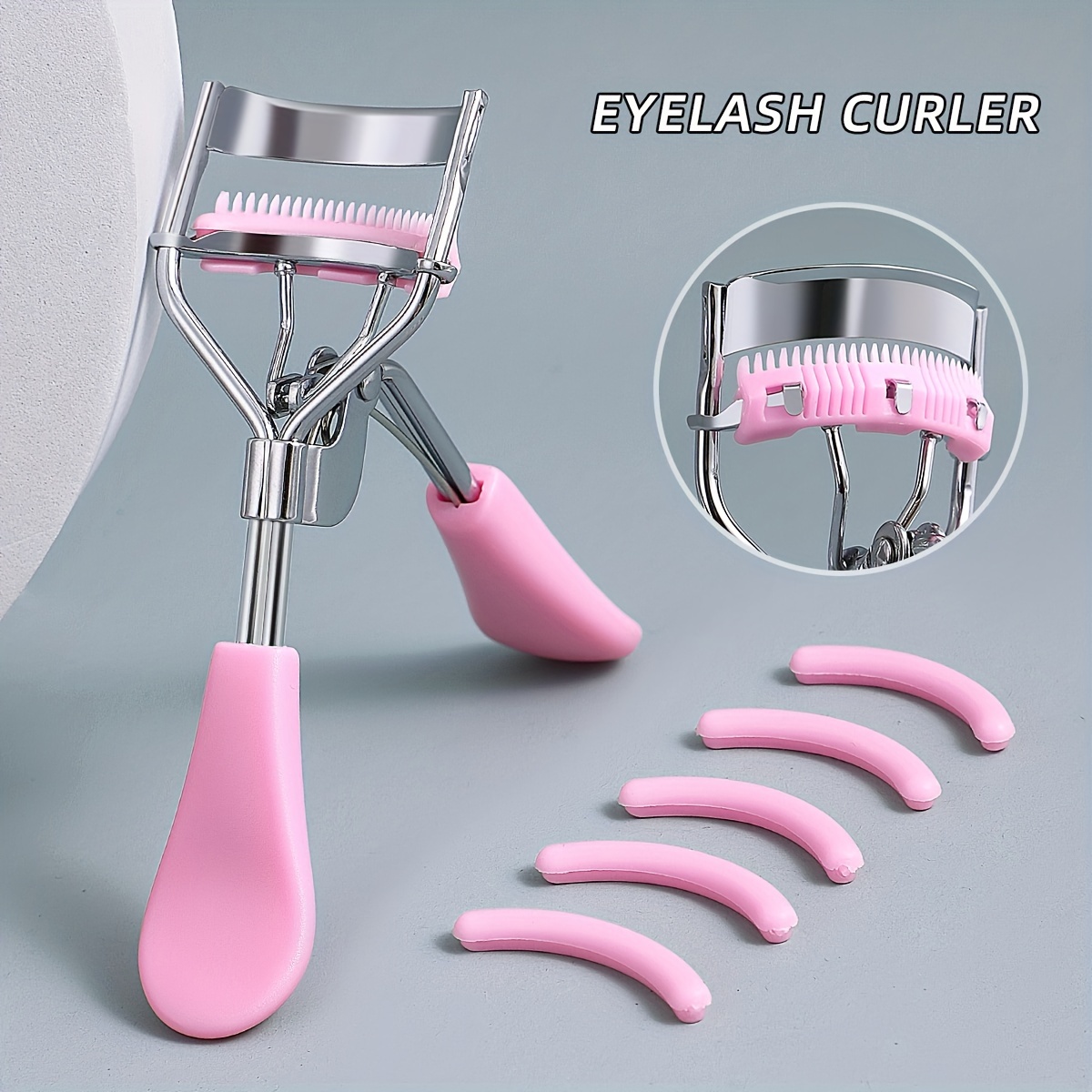 TEMU Stainless Steel Eyelash Curler With 5 Pink Pads, Long-lasting Shaping Of Big Eyes, Suitable For Women's Eyelash Lifting, Eye Eyelash Tools