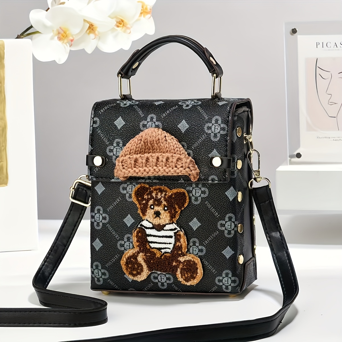 chic mini teddy bear knit hat design womens handbag retro geometric pattern magnetic closure brown with hardware large capacity multi layer purse for everyday use cute purse Product details 0