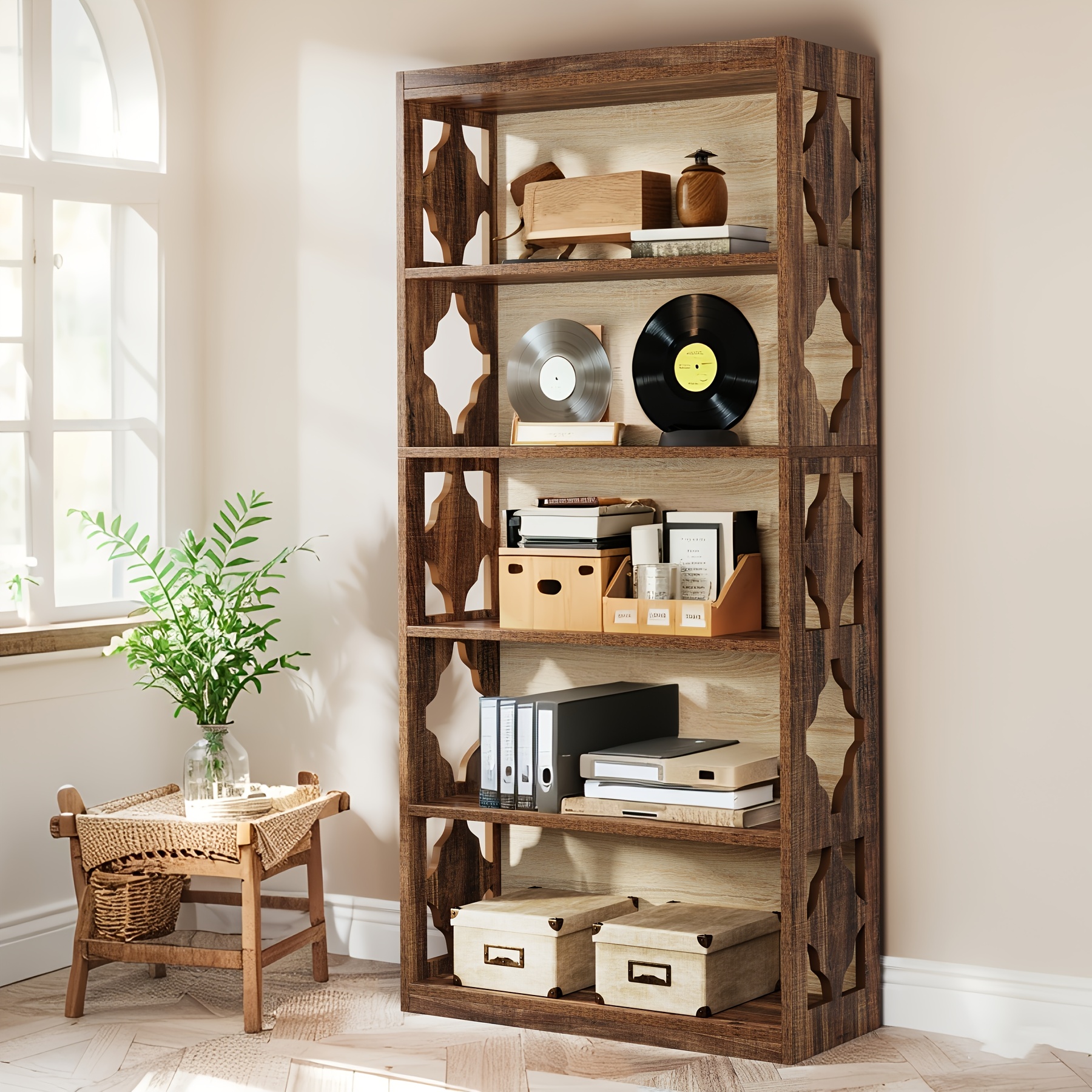 TEMU 5-tier Tall Bookshelf, Bookcase, Large Wooden Shelf, "d X "w X 70.47"h, For Living Room, Kitchen, Pantry, Study, Home Office