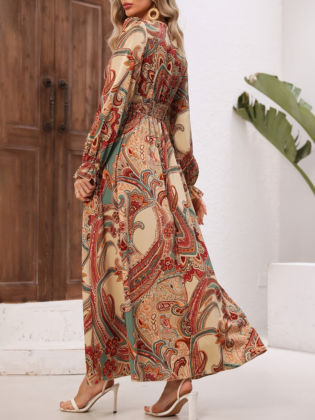paisley print v neck dress casual shirred waist long sleeve