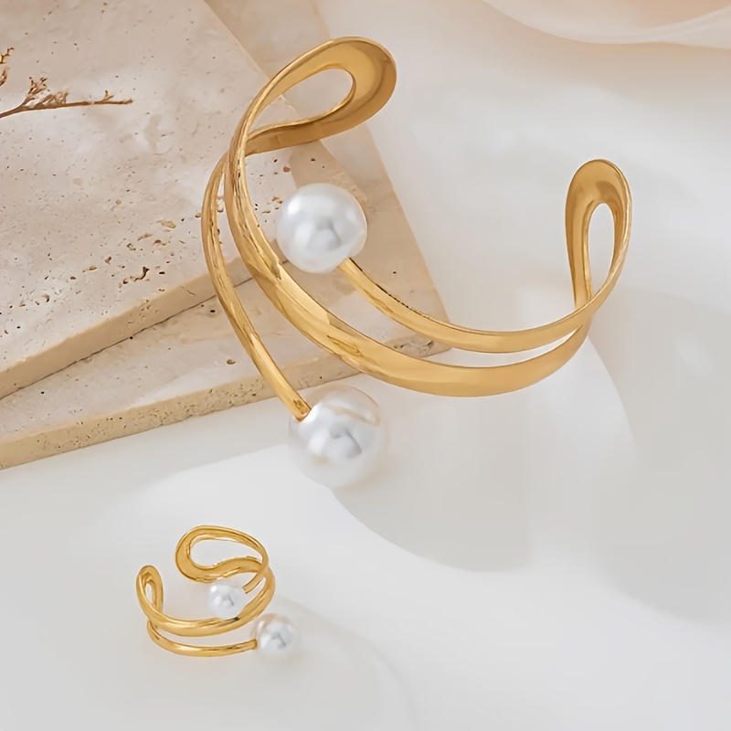 Image of 1 Set Of Elegant Geometric Iron Jewelry, Thick Bangle And Ring Set For Women, Plastic Inlay, Minimalist Style, For Daily And Party Wear, Accessories, Suitable For Dates And Gifts