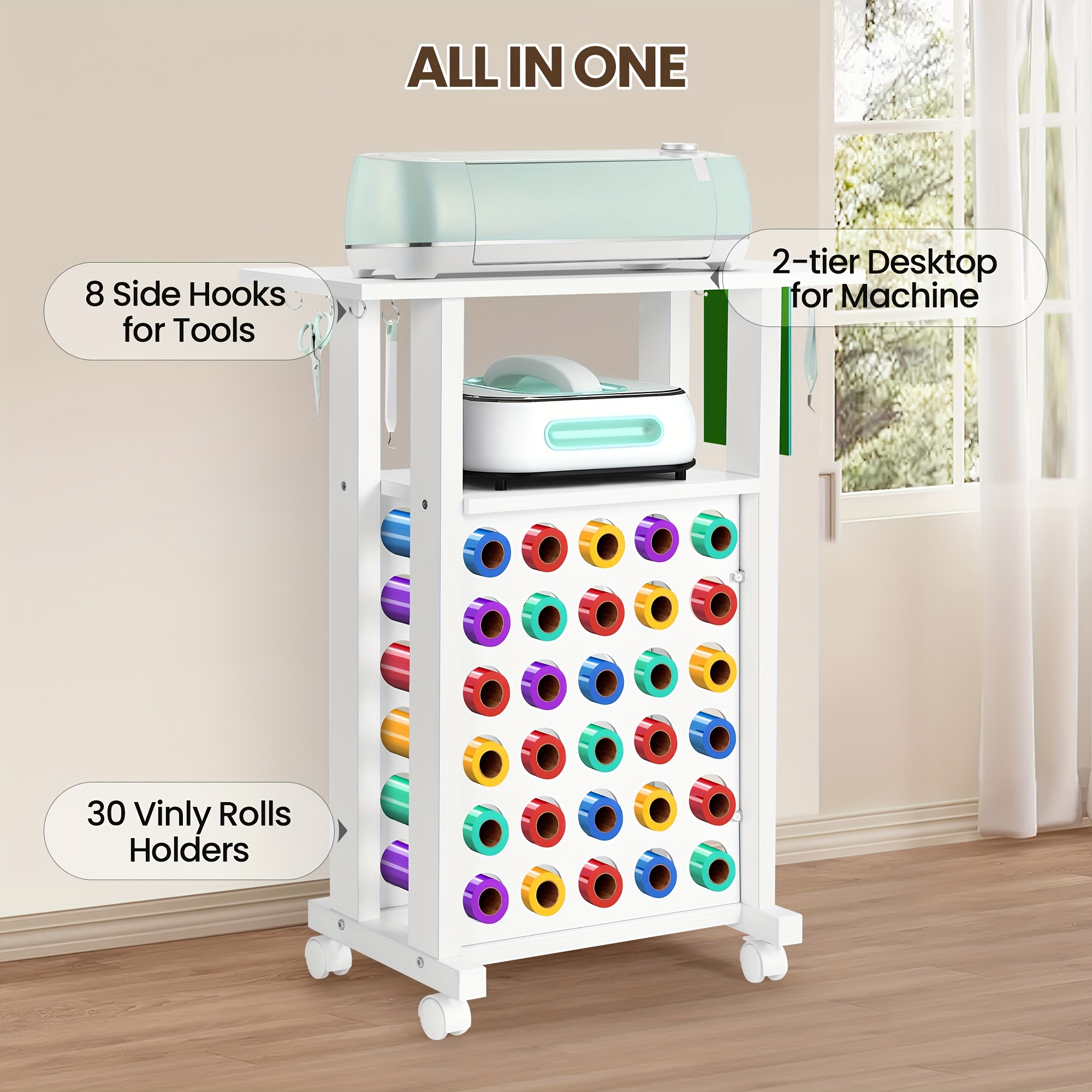 

Rolling Craft Cart Organizer With 30 Vinyl Roll Holders - Compact, Removable Workstation For Room