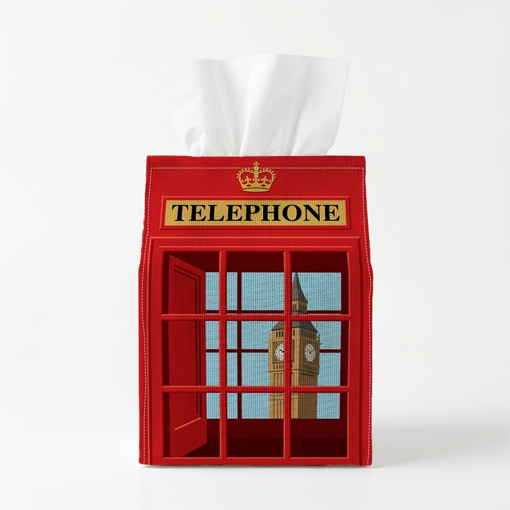 TEMU 1pc British Vintage Tissue Box, Telephone Red Pattern, Decorative Storage Box For Decor, Kitchen, Living Room - Festive Tissue Dispenser Ideal