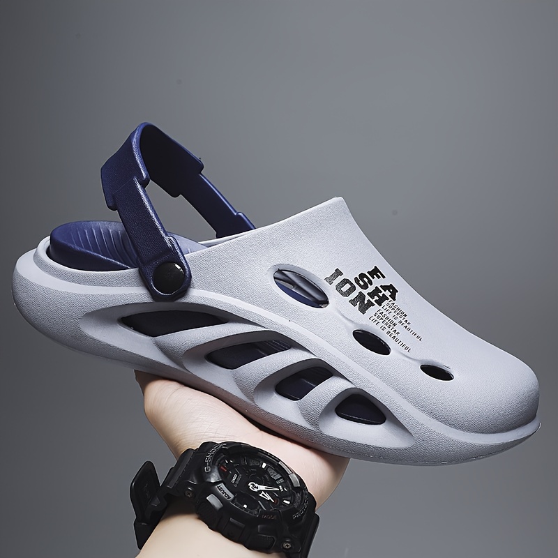 mens trendy street style color block hollow out chunky clogs comfy non slip durable anti odor eva slippers for mens outdoor activities 36 37 gray blue 12