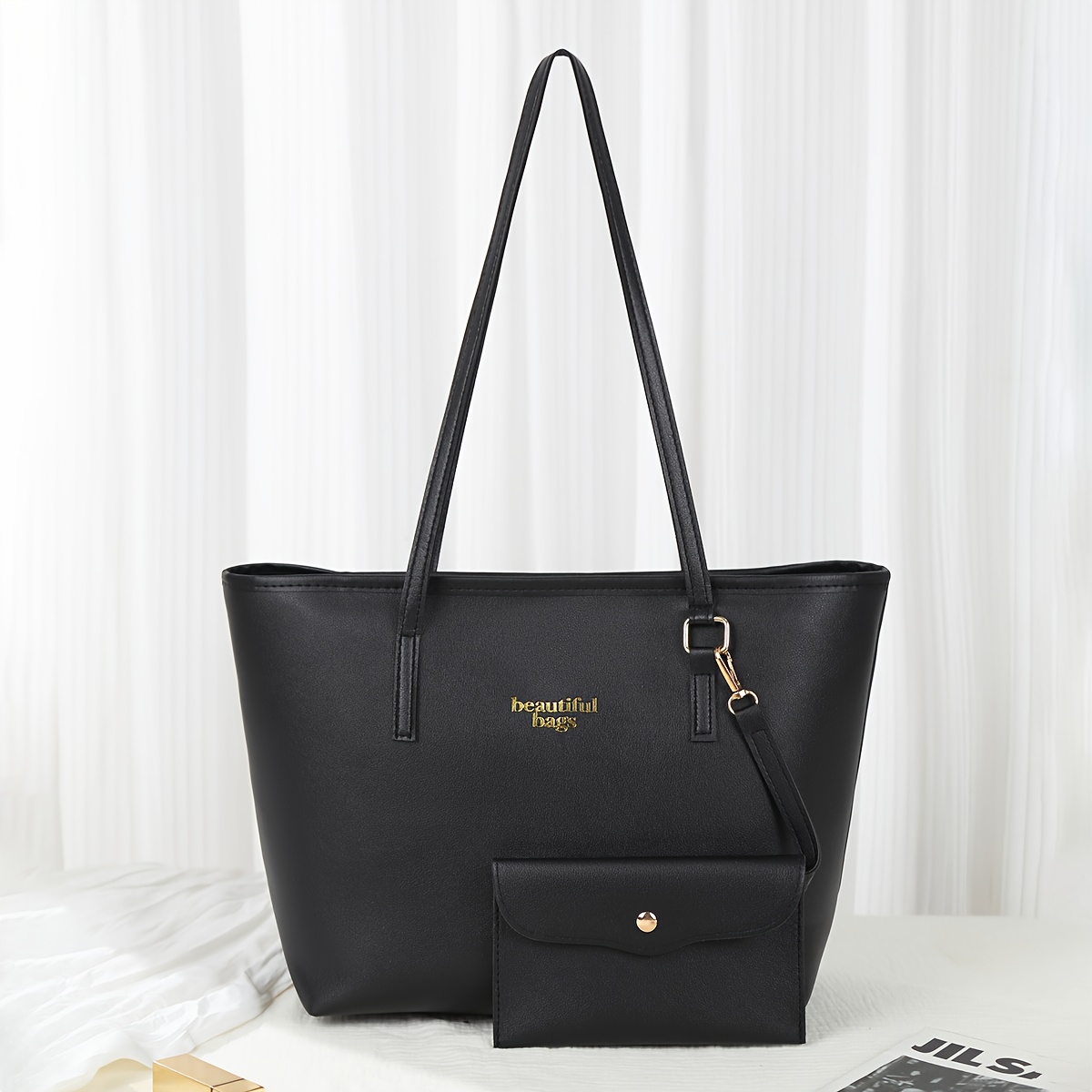 Image of Fashion Easy Large Capacity Black Women's Tote Bag, Golden Letter Design With Pouch, Meeting Daily And Shopping Large Bag