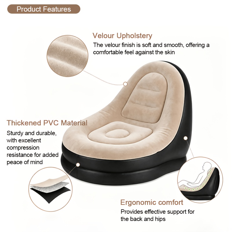 Inflatable Chair, Inflatable Folding Sofa With Ottoman, Portable Inflatable Couch With Flocked Surface, Comfortable Inflatable Air Chair With Foot Pump For Indoor, Dorm, Outdoor, Camping, Beach