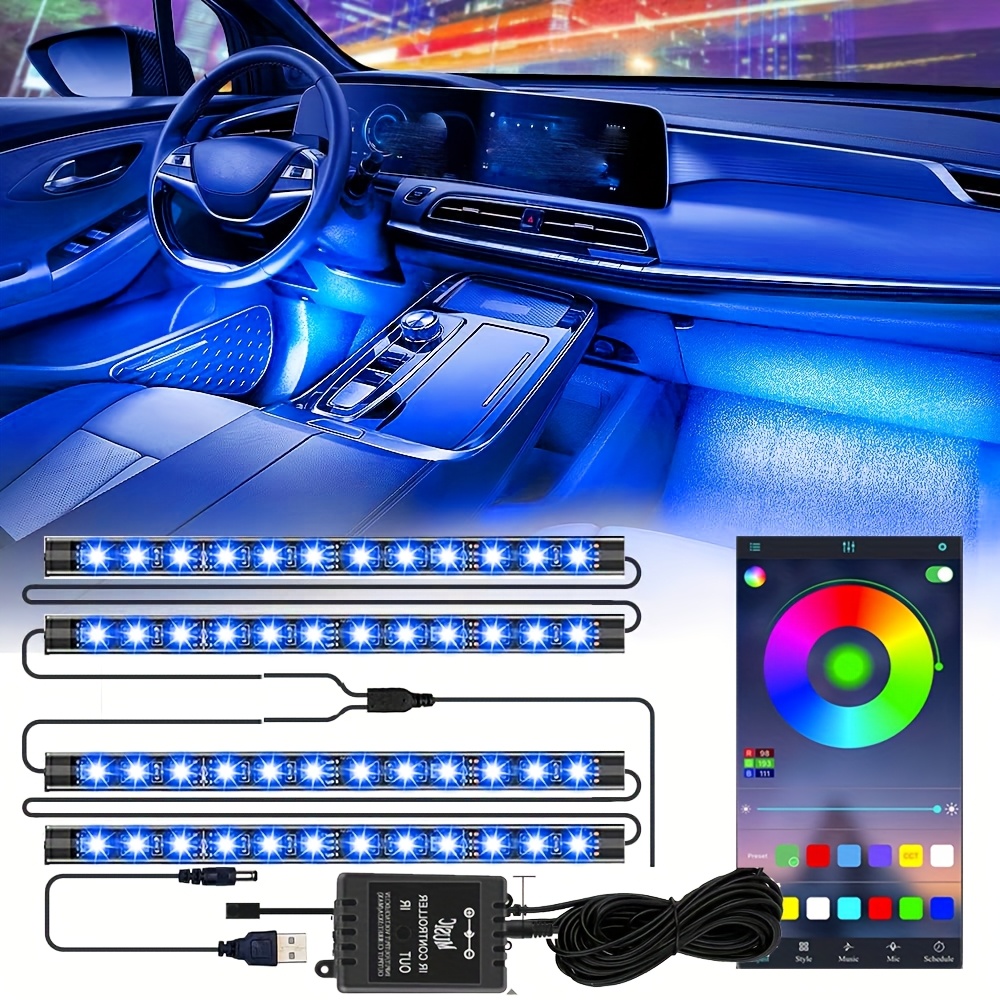 TEMU Set Of 4 Neon Led Car Interior Footwell Lights - Rgb Music Control, Automatic Color Changing, Car Plug Usb, Universal Fit, Car Lighting Neon