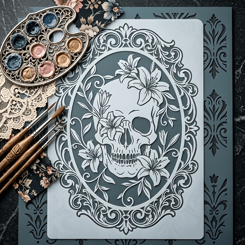 TEMU Gothic Lily Stencil Template Vintage Baroque Oval Frame Hollow Painting Molds Wall Canvas Metal Glass Fabric Reusable Laser Cut Art Painting