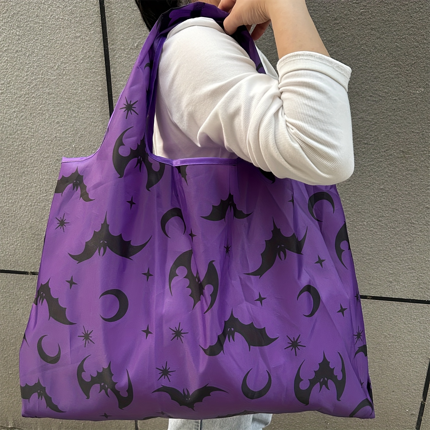 Large Capacity Purple Bat Portable Shopping Bag, Lightweight Foldable Tote Bag With Shoulder Strap