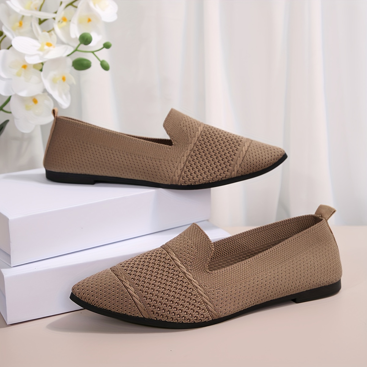 Elegant Ballet Flat Shoes For Women, Slip-On Breathable Soft Sole Daily Knitted Ballets, Point Toe Daily Wear