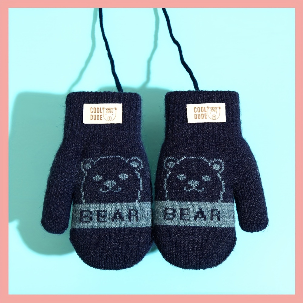 Image of Autumn And Winter 's Gloves With Thick Velvet For , 2- Old Cartoon Rope Hanging Neck, Large 's And Little Girls' Gloves, Little Bear Riding, Middle Aged 's Gloves