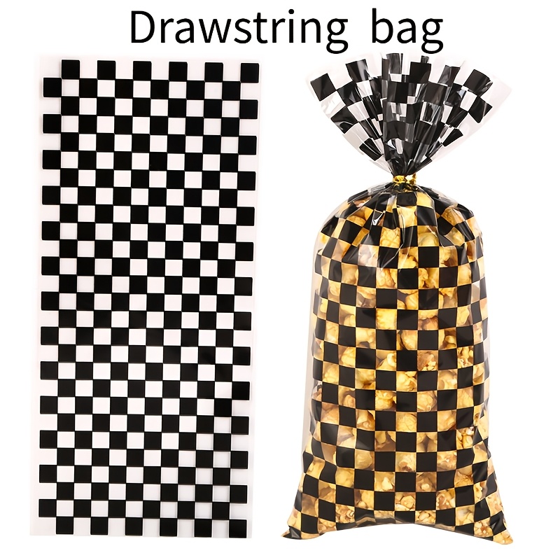 TEMU Gift For Her/him Black And White Checkerboard Drawstring Pouch, Racing Plaid Transparent Plastic Drawstring Gift Bag With Twist Cord, Suitable