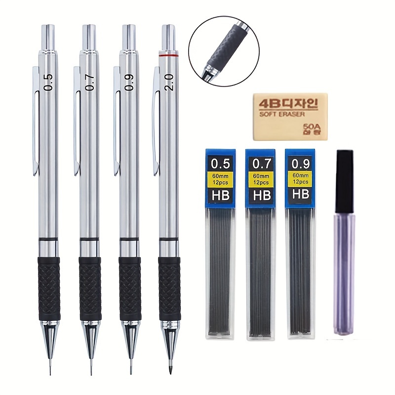 

7pcs/set Metal Mechanical Pencil Lead Art Drawing Design 0.5/0.7/0.9/2.0mm Automatic Pencil Office Learning Supplies (2 Pencils+4 Lead Leads+1 Rubber)
