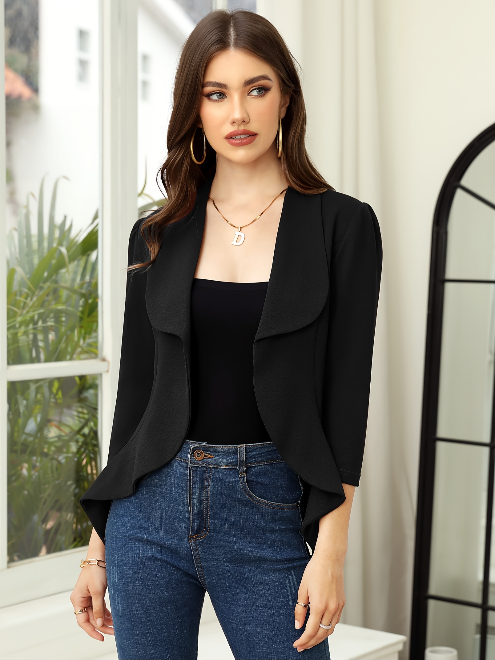 Women'S Business Casual 3/4 Sleeve Dressy Open Front Work Office Cardigan  Cropped Suit Jacket
