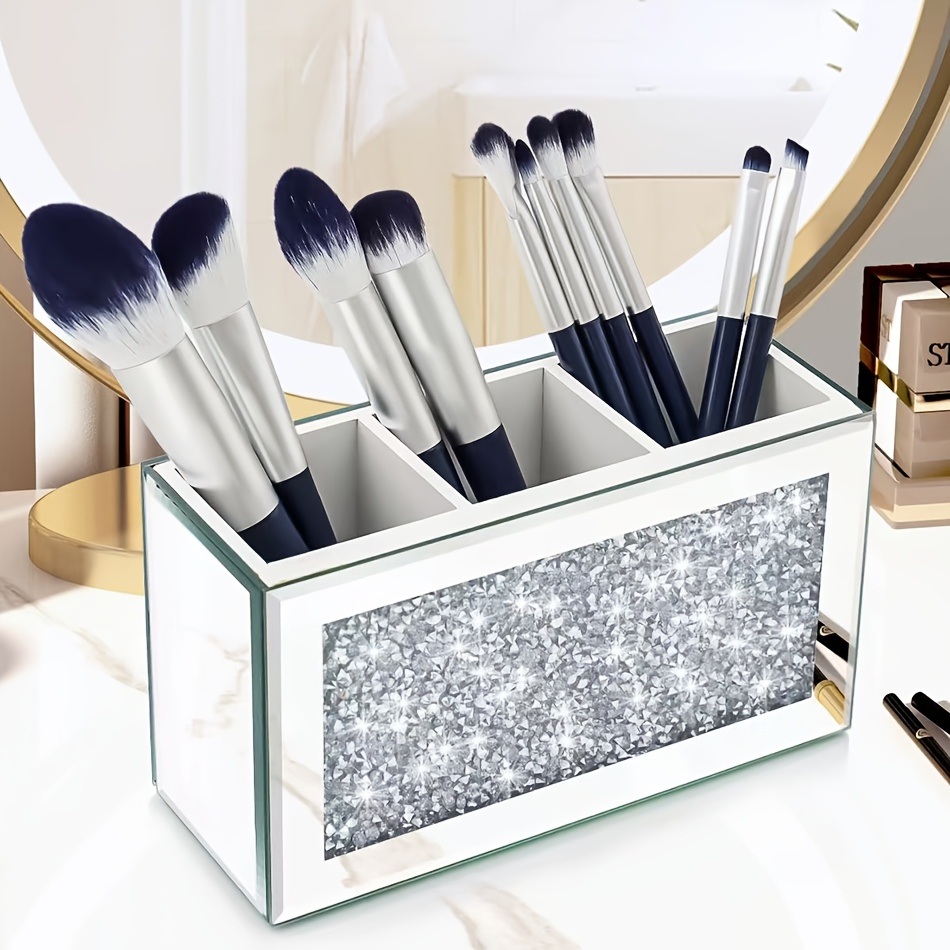 

1pc Mirror Makeup Brush Holder With 3 Slots, Glass Makeup Brush Storage Rack With Crystal Broken Diamonds, Cute Pen And Pencil Holder, Suitable For Office Desk, Eyeliner Display Cabinet