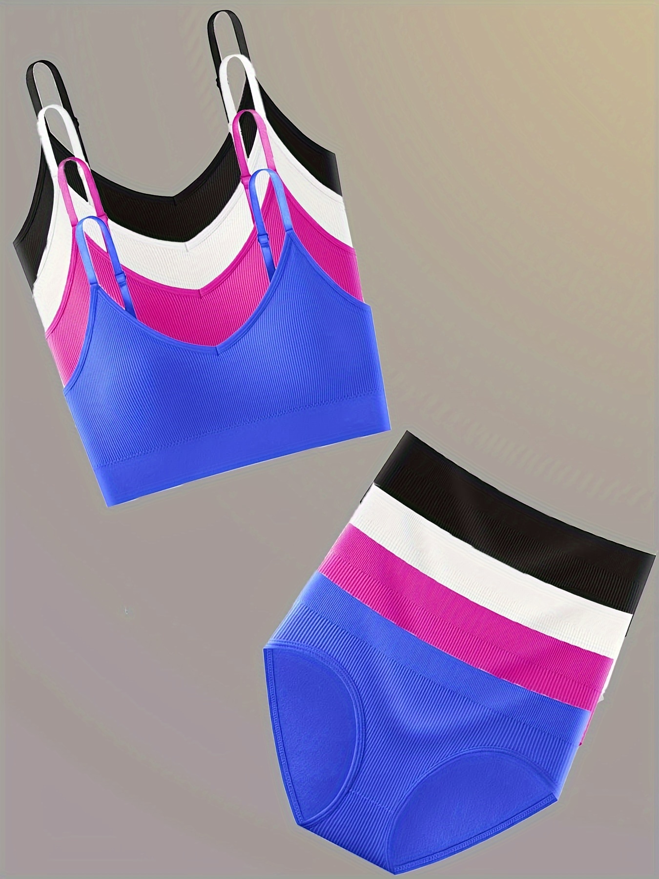Womens Seamless Ribbed Sport Bra Set Removable Padded Bra High Waist Panties