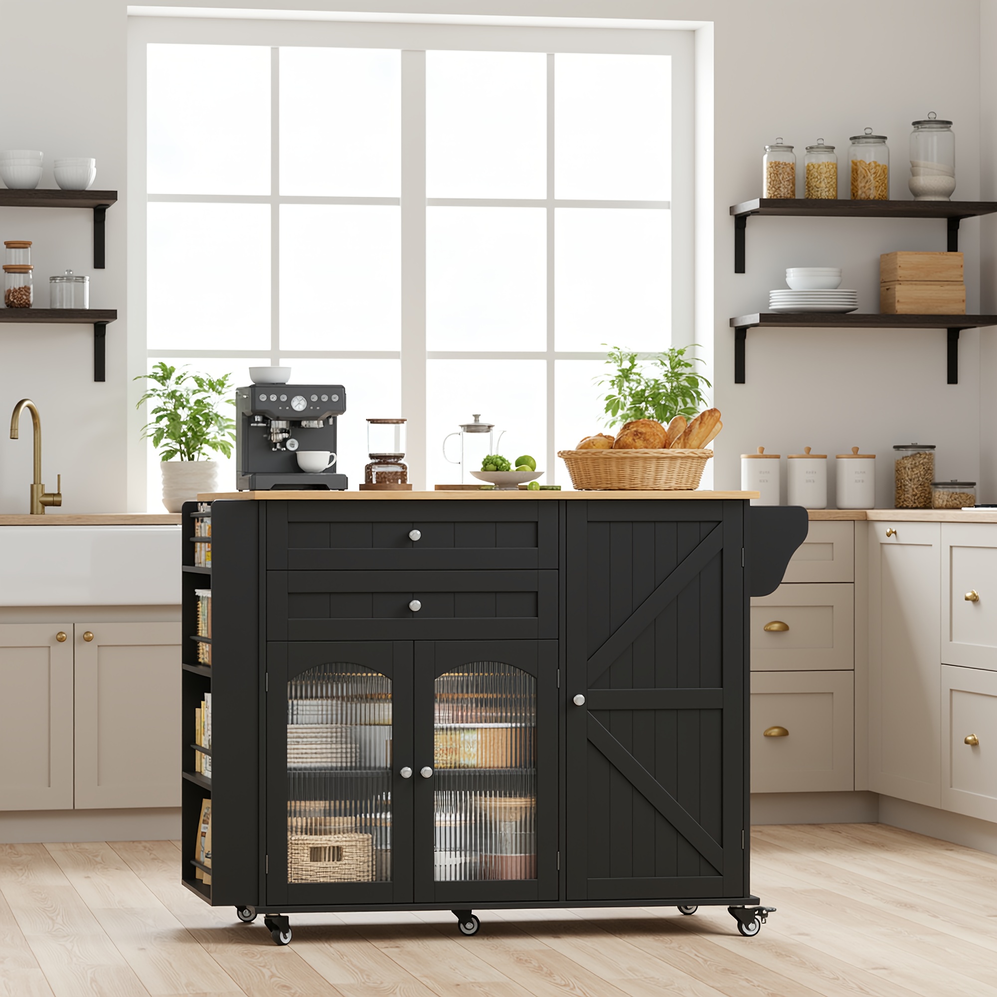 Kealive Central Trolley With Wheels With Folding Worktops Kitchen Cabinet With 2 Drawers, 3 Doors, Spice Rack, Towel Rail
