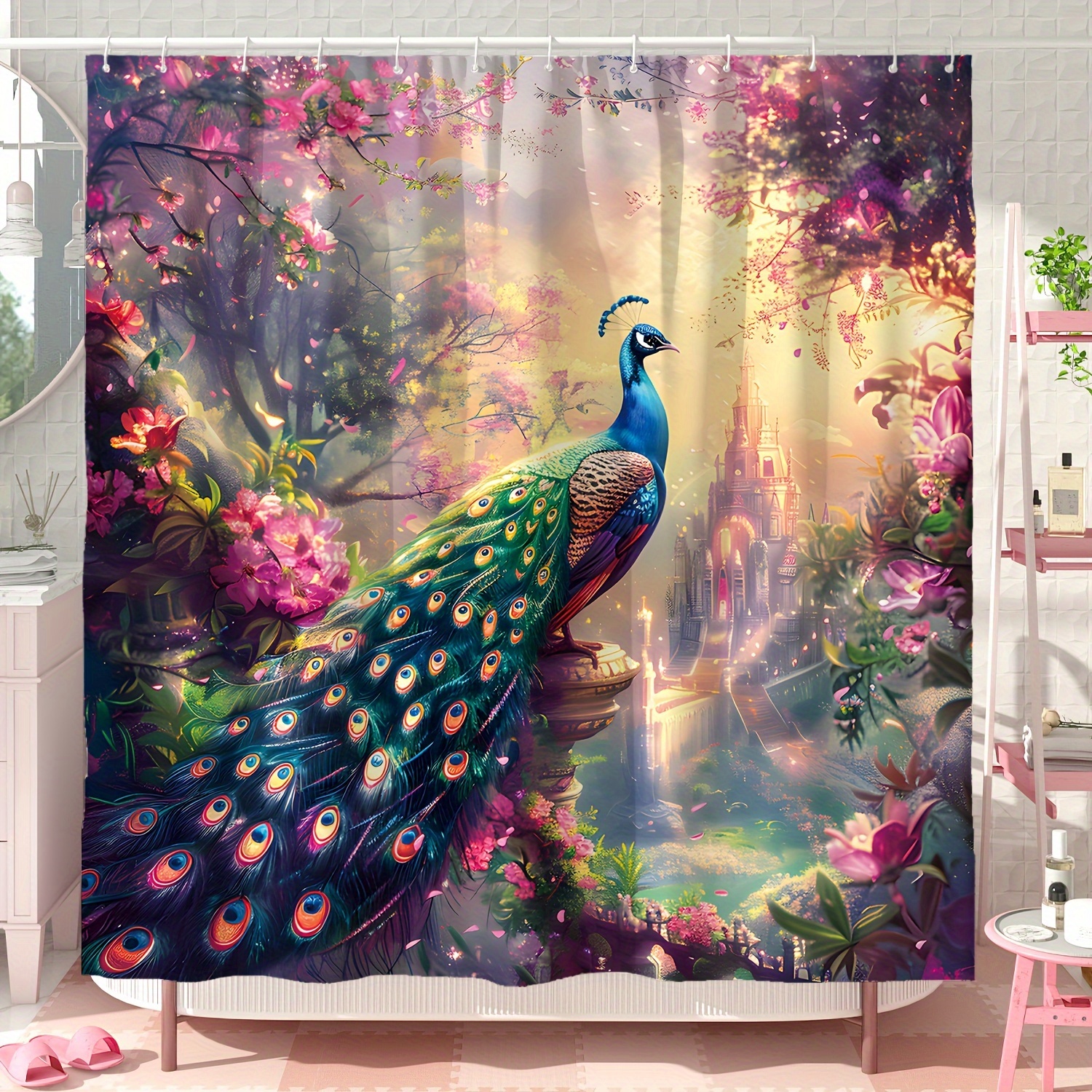 

1pc Fairytale Peacock Shower Curtain, Floral Forest Design, Elegant Polyester Bathroom Decor, Waterproof, Machine Washable, Gold Pink Green, With 12 Hooks For Home Or Bathtub