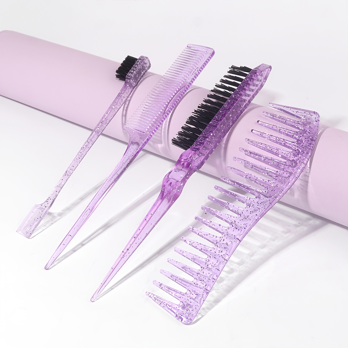 

4-piece Hair Styling Set With Teasing Brush, Comb, Wide-toothed Hair Brush, Hair Braiding Tool, And Hair Clip. Essential For Travel.