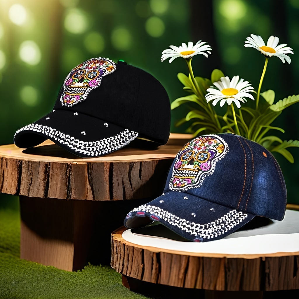 

Glittering Rhinestone Hip Hop Denim Cap, Embroidered Skeleton Baseball Cap, Universal Outdoor Sun Shade Hat Music Festival